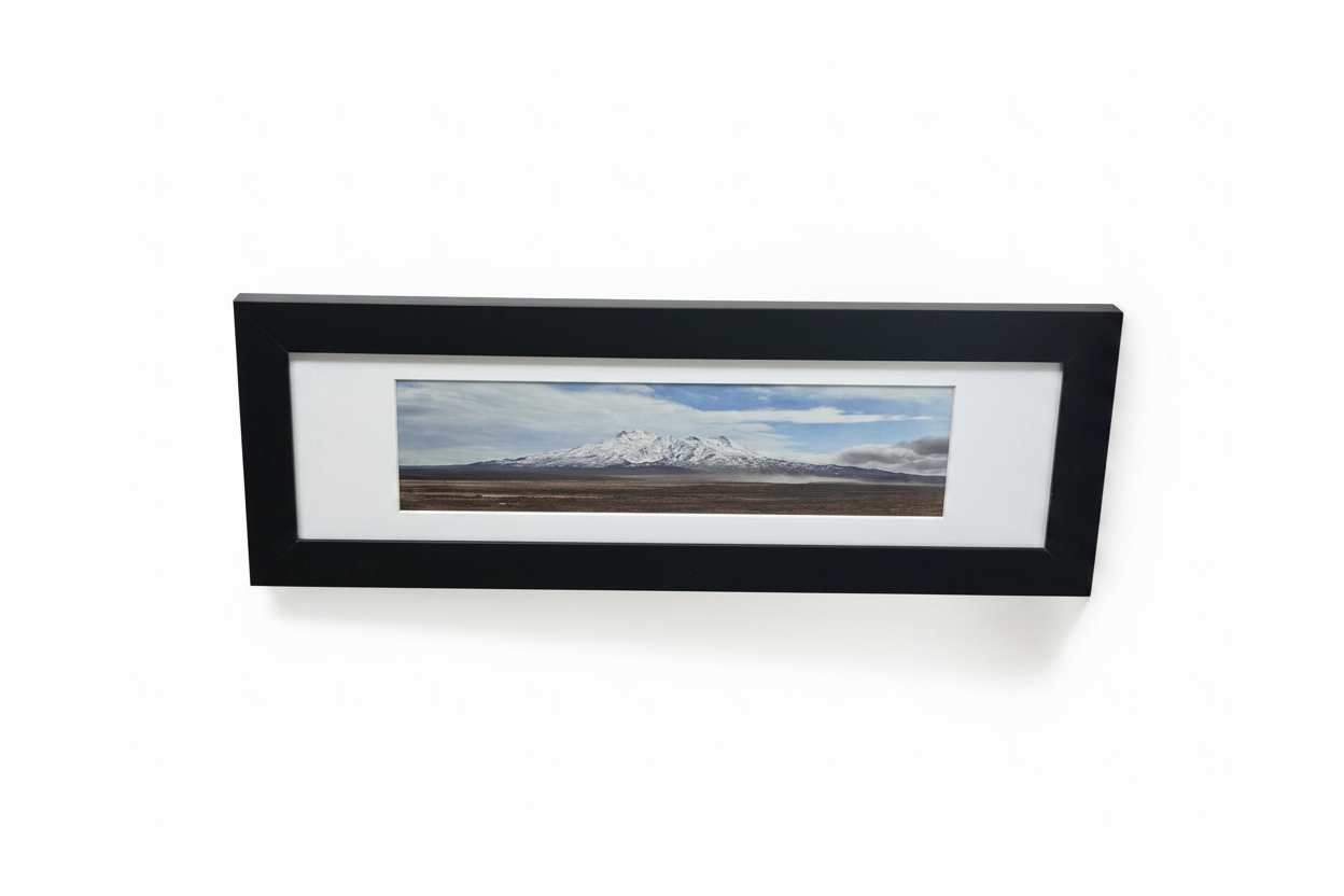 Snowy mountain panoramic frame on white